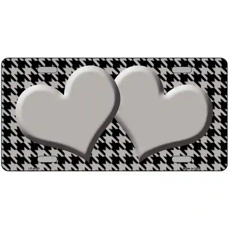 Grey Black Houndstooth Grey Center Hearts Metal Novelty License Plate 24" x 12" (LLP)