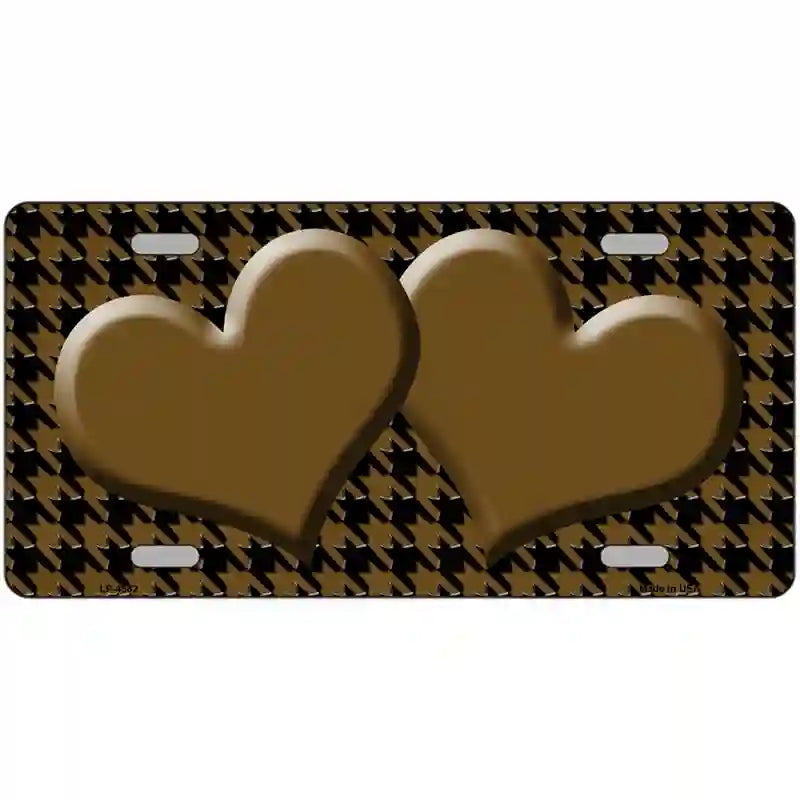 Brown Black Houndstooth Brown Center Hearts Metal Novelty License Plate 24" x 12" (LLP)