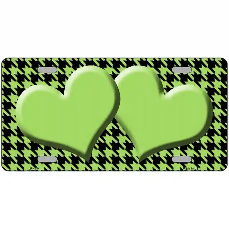 Lime Green Black Houndstooth Lime Green Center Hearts Metal Novelty License Plate 24" x 12" (LLP)