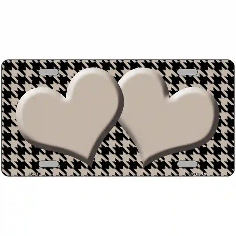 Tan Black Houndstooth Tan Center Hearts Metal Novelty License Plate 24" x 12" (LLP)