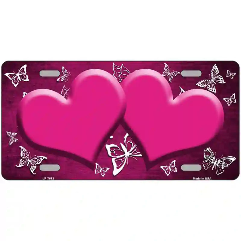 Pink White Hearts Butterfly Oil Rubbed Metal Novelty License Plate 24" x 12" (LLP)