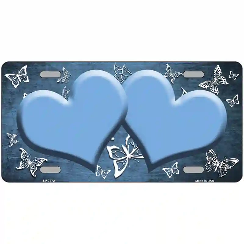 Light Blue White Hearts Butterfly Oil Rubbed Metal Novelty License Plate 24" x 12" (LLP)