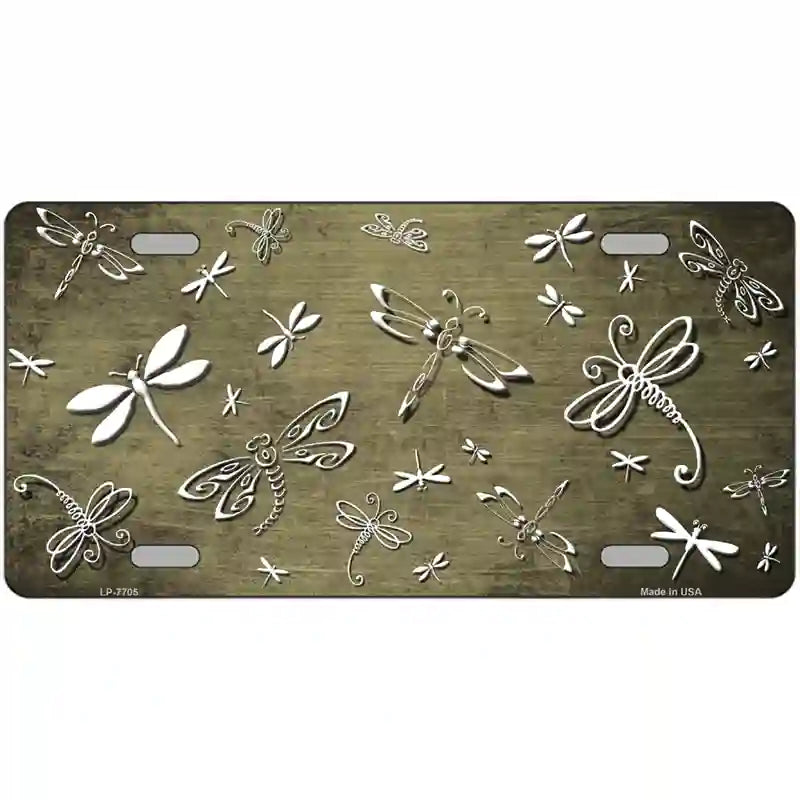 Gold White Dragonfly Oil Rubbed Metal Novelty License Plate 24" x 12" (LLP)