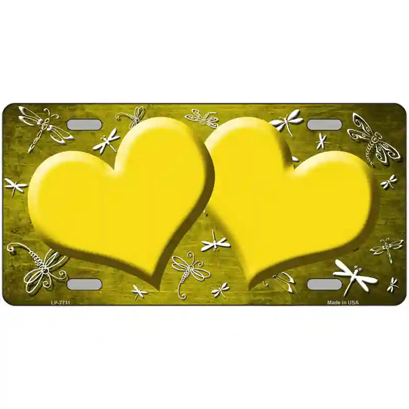 Yellow White Dragonfly Hearts Oil Rubbed Metal Novelty License Plate 24" x 12" (LLP)