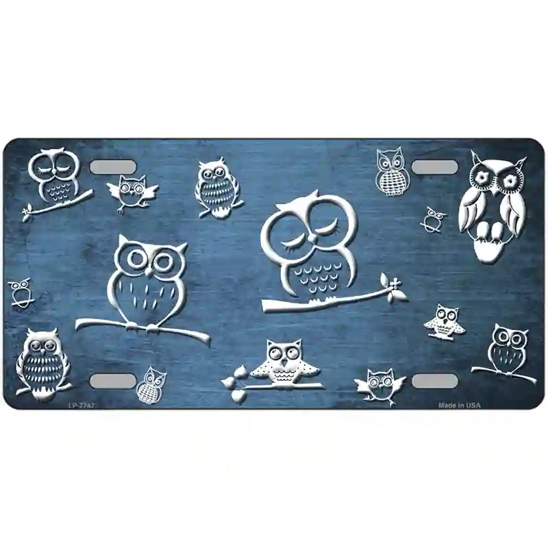 Light Blue White Owl Oil Rubbed Metal Novelty License Plate 24" x 12" (LLP)