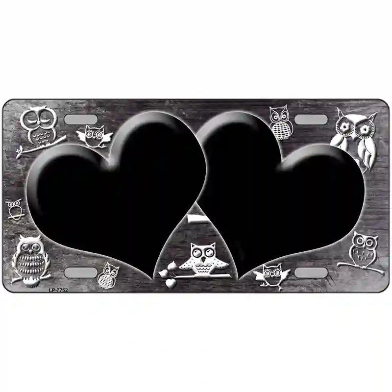 Black White Owl Hearts Oil Rubbed Metal Novelty License Plate 24" x 12" (LLP)