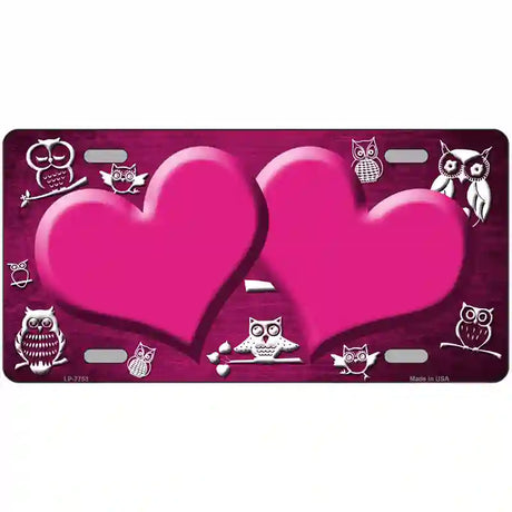 Pink White Owl Hearts Oil Rubbed Metal Novelty License Plate 24" x 12" (LLP)