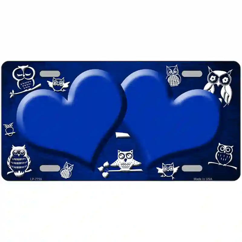 Blue White Owl Hearts Oil Rubbed Metal Novelty License Plate 24" x 12" (LLP)