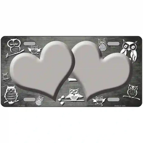 Gray White Owl Hearts Oil Rubbed Metal Novelty License Plate 24" x 12" (LLP)