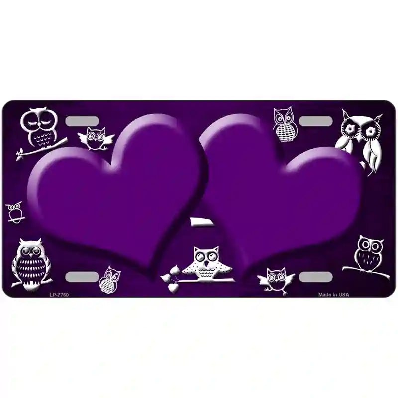 Purple White Owl Hearts Oil Rubbed Metal Novelty License Plate 24" x 12" (LLP)