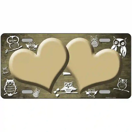 Gold White Owl Hearts Oil Rubbed Metal Novelty License Plate 24" x 12" (LLP)