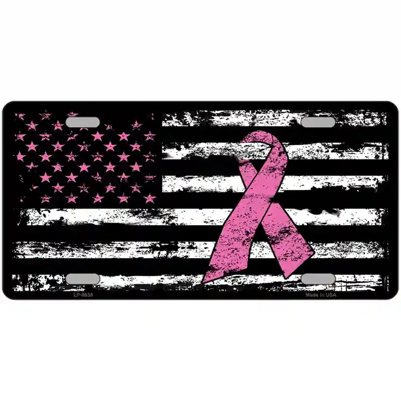 Vintage American Flag Pink Ribbon Novelty Metal License Plate 24" x 12" (LLP)