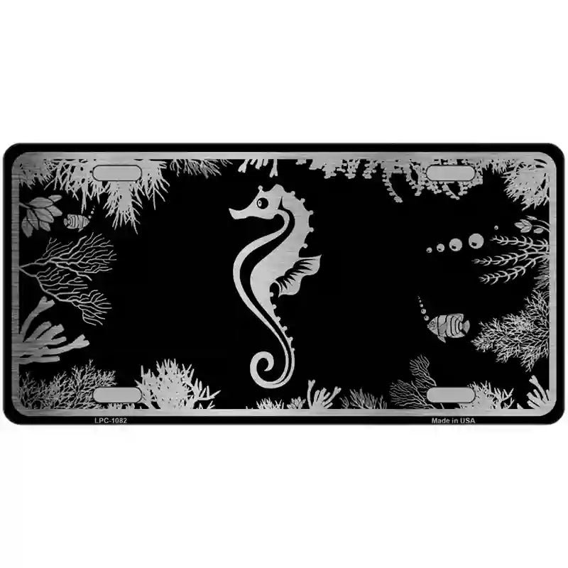 Sea Horse Black Brushed Chrome Novelty Metal License Plate 24" x 12" (LLPC)