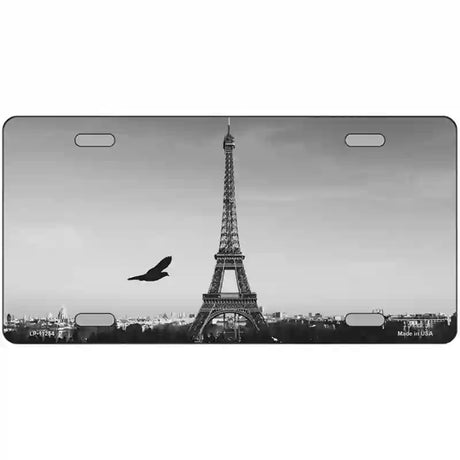 Eiffel Tower Black and White With Bird Novelty Metal License Plate 12" x 6" (LP)