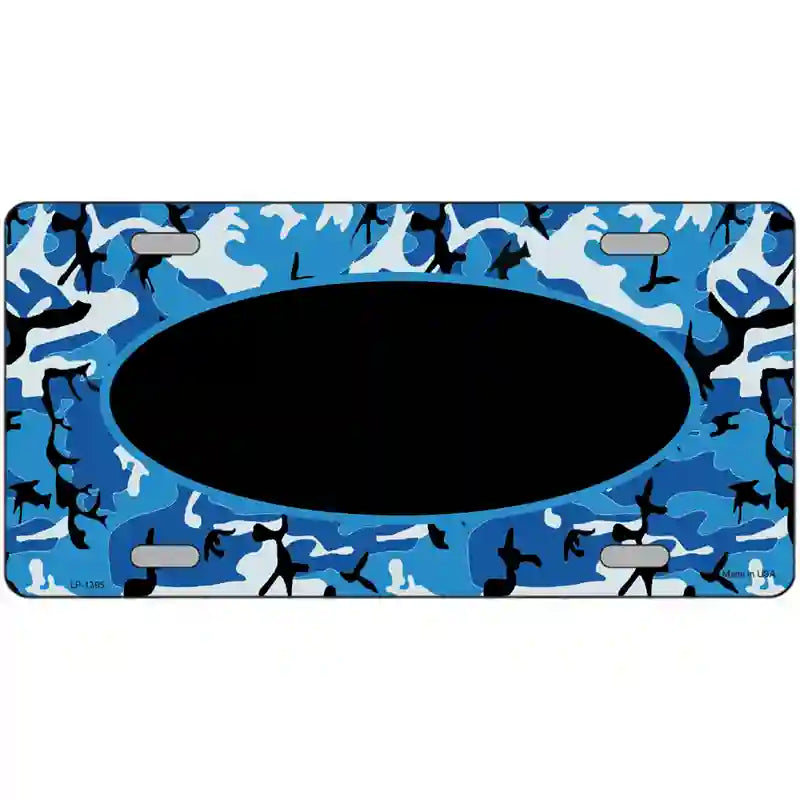 Blue Camo With Black Center Oval Metal Novelty License Plate