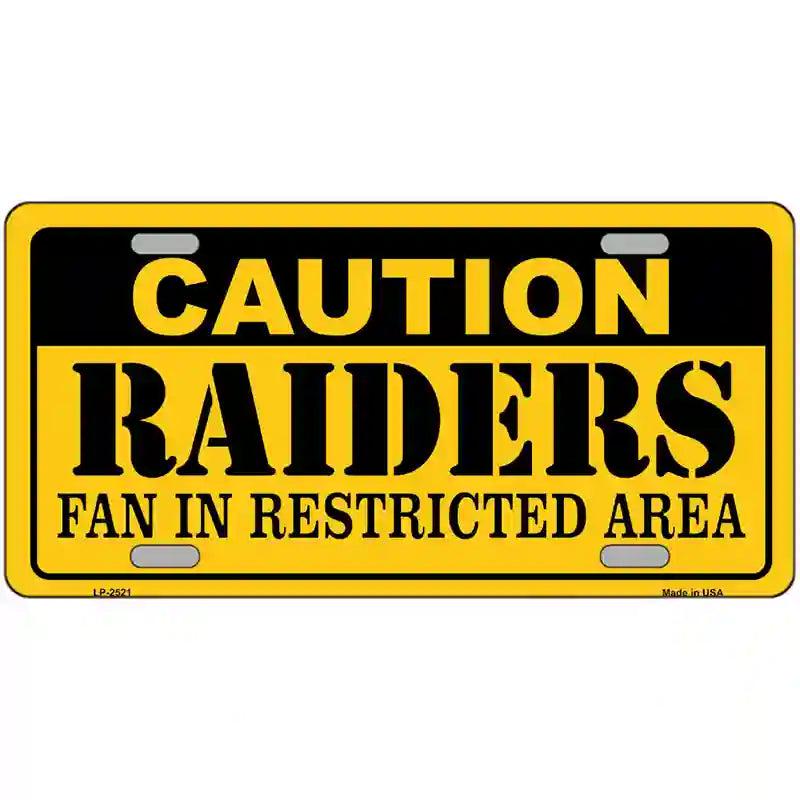 Caution Raiders Metal Novelty License Plate 12" x 6" (LP)