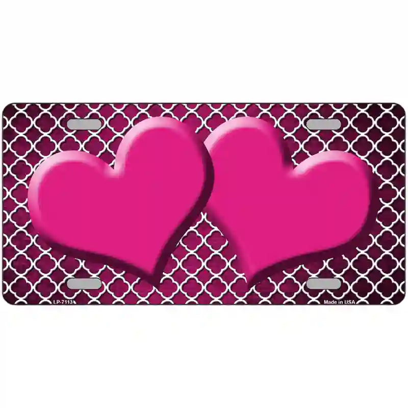 Pink White Quatrefoil Hearts Oil Rubbed Metal Novelty License Plate 12" x 6" (LP)