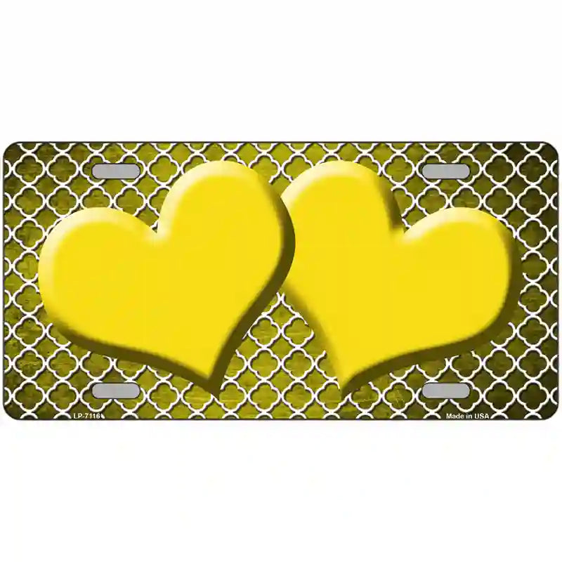 Yellow White Quatrefoil Hearts Oil Rubbed Metal Novelty License Plate 12" x 6" (LP)