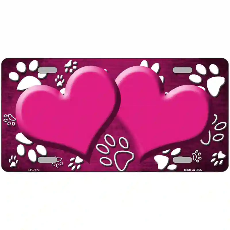 Paw Heart Pink White Metal Novelty License Plate 12" x 6" (LP)