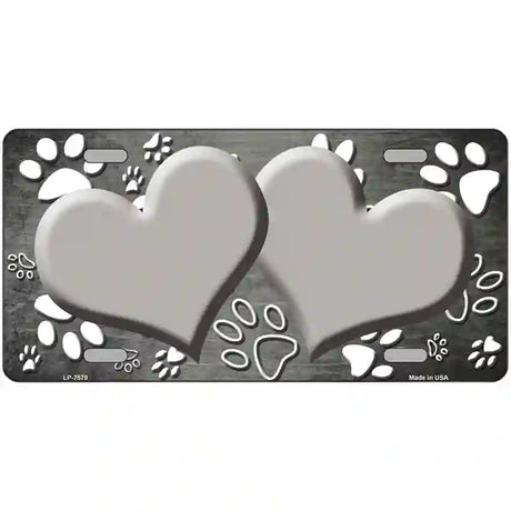 Paw Heart Gray White Metal Novelty License Plate 12" x 6" (LP)