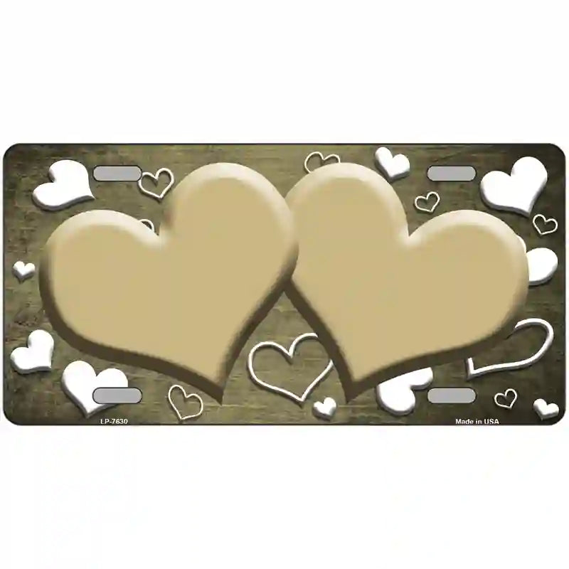 Gold White Love Hearts Oil Rubbed Metal Novelty License Plate 12" x 6" (LP)