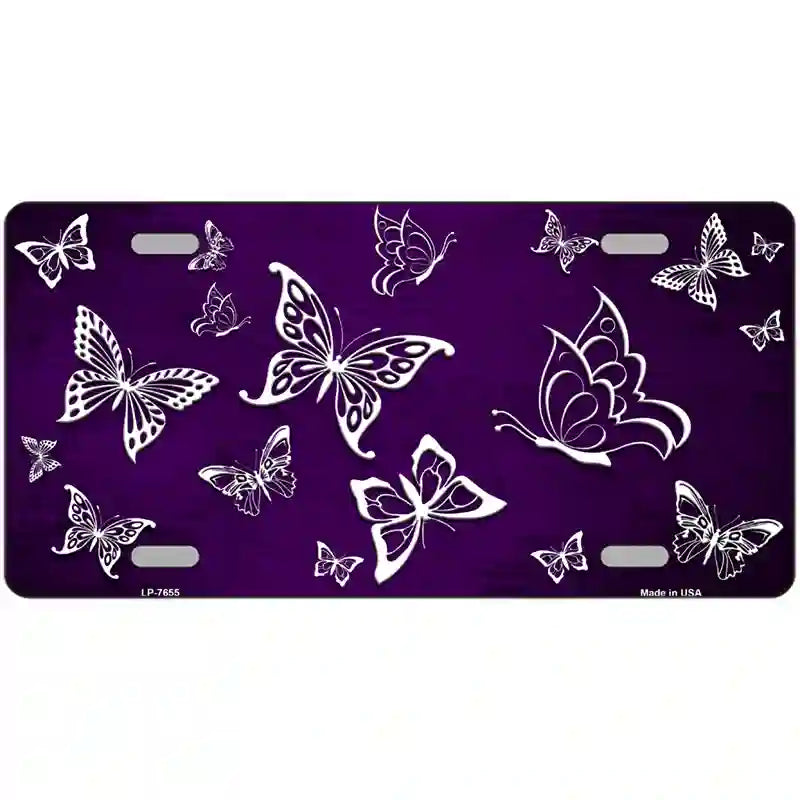 Purple White Butterfly Oil Rubbed Metal Novelty License Plate