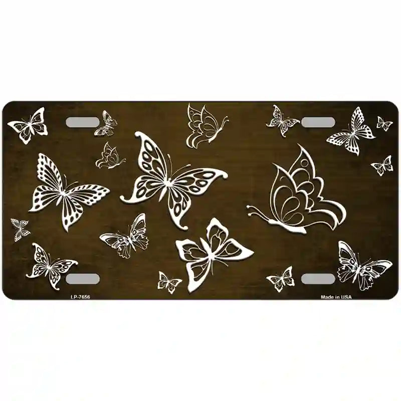 Brown White Butterfly Oil Rubbed Metal Novelty License Plate 12" x 6" (LP)