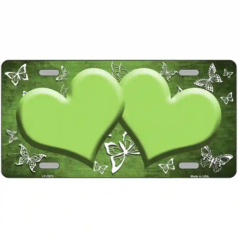 Lime Green White Hearts Butterfly Oil Rubbed Metal Novelty License Plate 12" x 6" (LP)