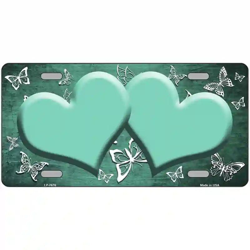 Mint White Hearts Butterfly Oil Rubbed Metal Novelty License Plate 12" x 6" (LP)