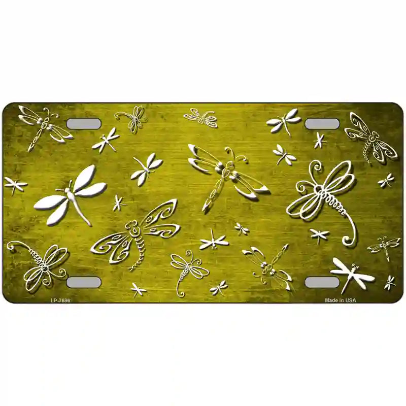 Yellow White Dragonfly Oil Rubbed Metal Novelty License Plate 12" x 6" (LP)