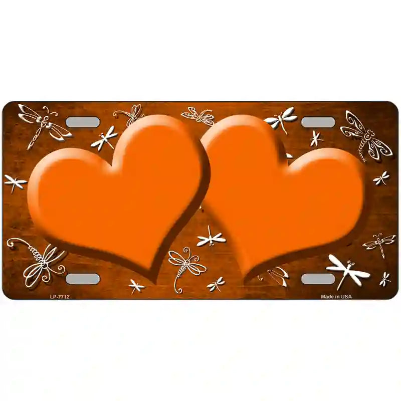 Orange White Dragonfly Hearts Oil Rubbed Metal Novelty License Plate 12" x 6" (LP)