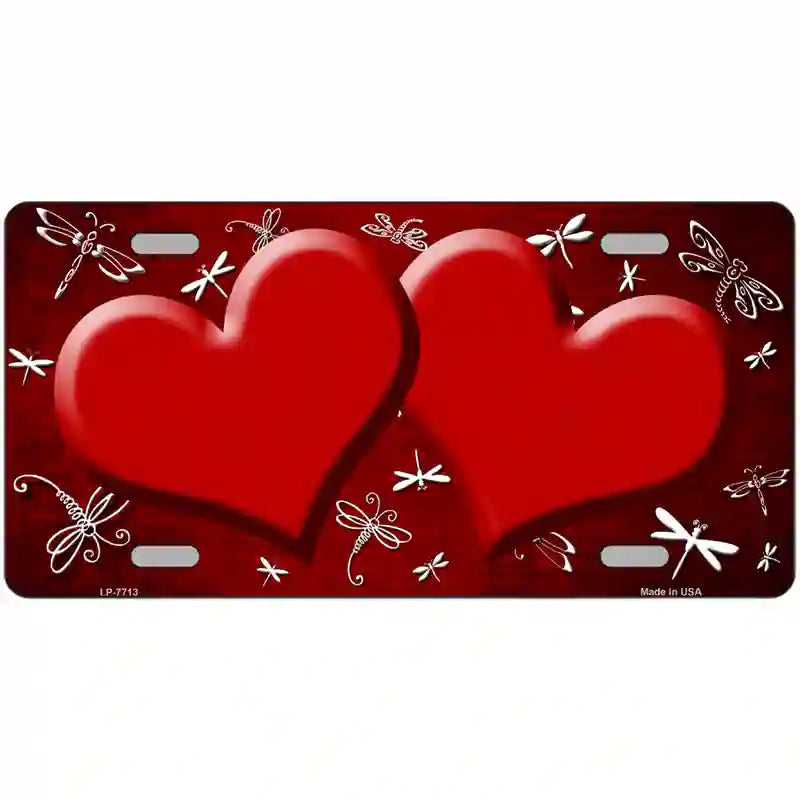 Red White Dragonfly Hearts Oil Rubbed Metal Novelty License Plate 12" x 6" (LP)