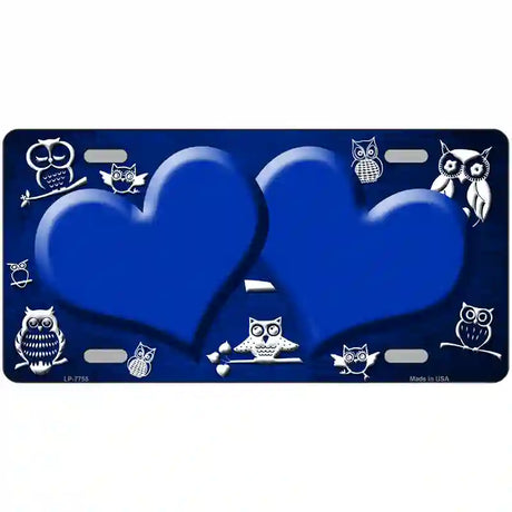 Blue White Owl Hearts Oil Rubbed Metal Novelty License Plate 12" x 6" (LP)