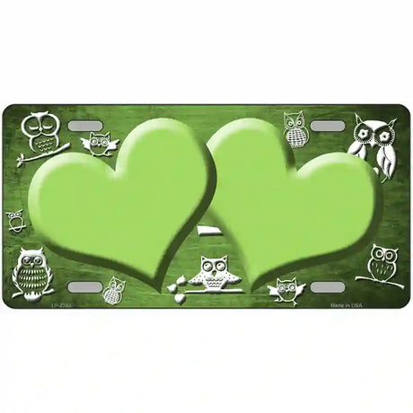 Lime Green White Owl Hearts Oil Rubbed Metal Novelty License Plate 12" x 6" (LP)