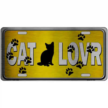 Cat Lover Yellow Brushed Chrome Novelty Metal License Plate Tag 12" x 6" (LPC)