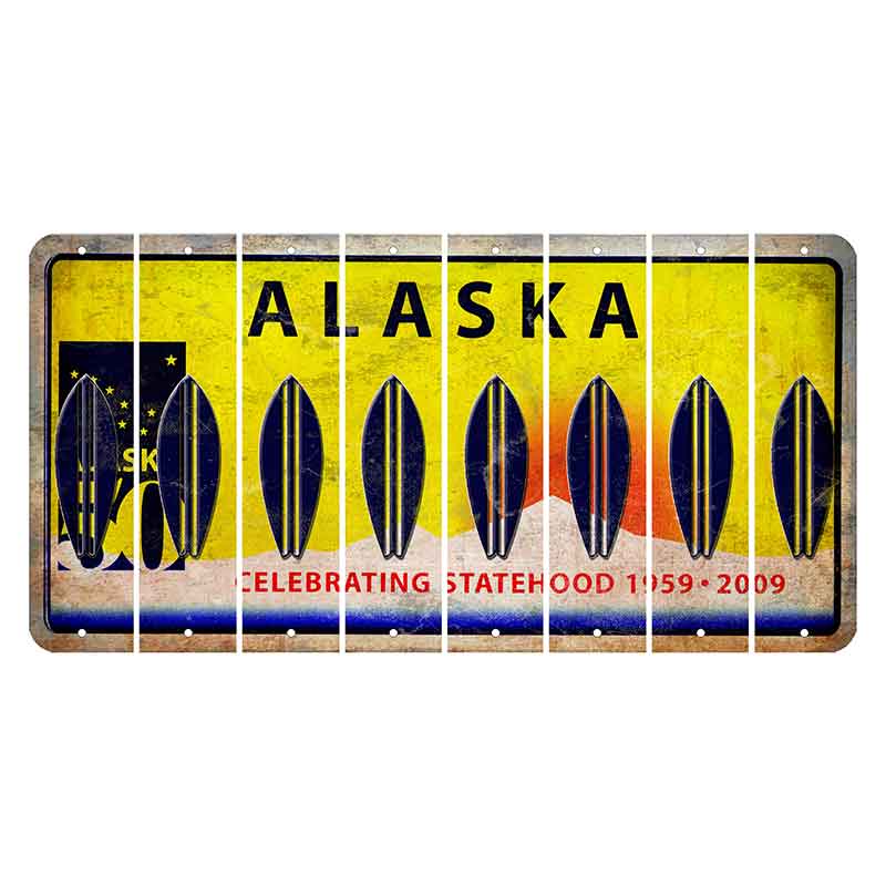 Alaska 50 Year Statehood Cut License Plate Strips (Set of 8) Surfboard