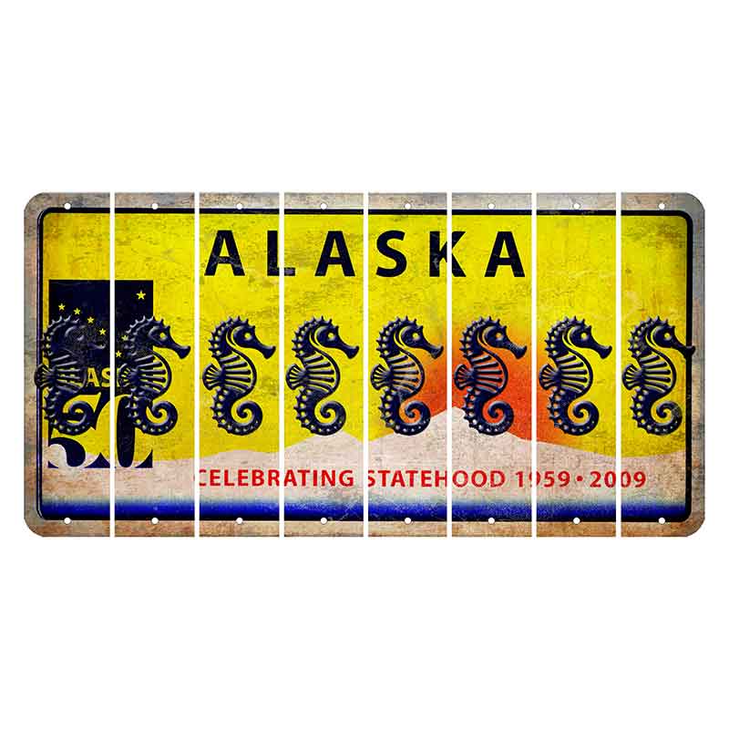 Alaska 50 Year Statehood Cut License Plate Strips (Set of 8) Seahorse