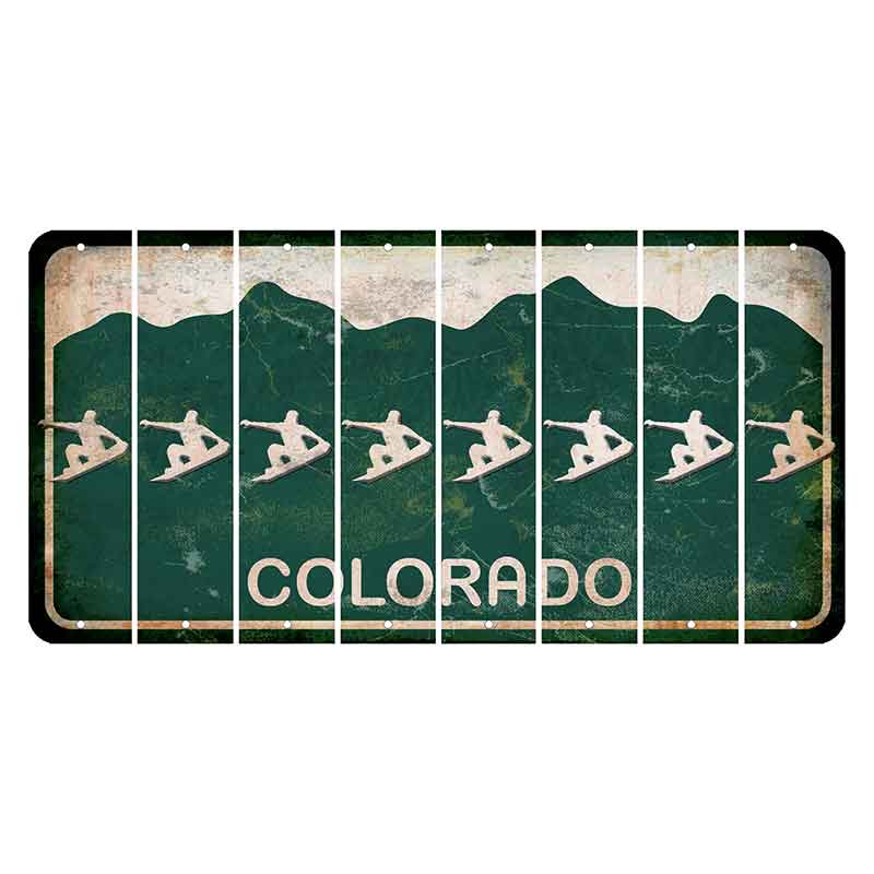 Colorado Green|White Mountains Cut License Plate Strips (Set of 8) Snowboarder