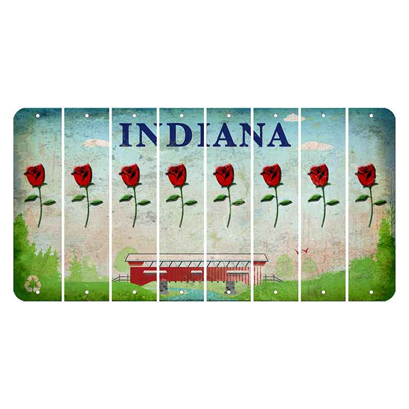 Indiana Recycle Cut License Plate Strips (Set of 8) Red Rose