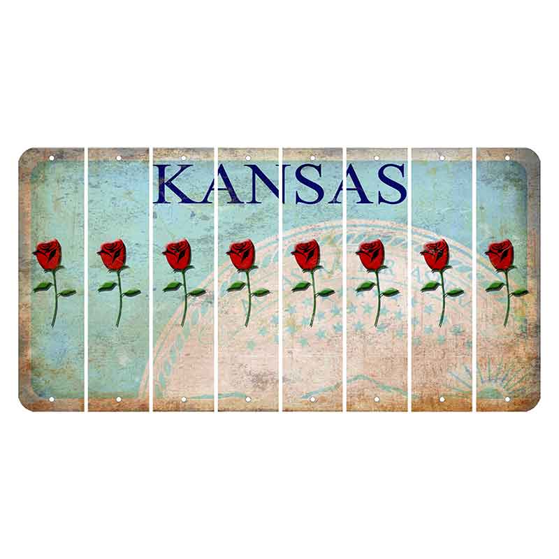 Kansas State Seal Cut License Plate Strips (Set of 8) Red Rose