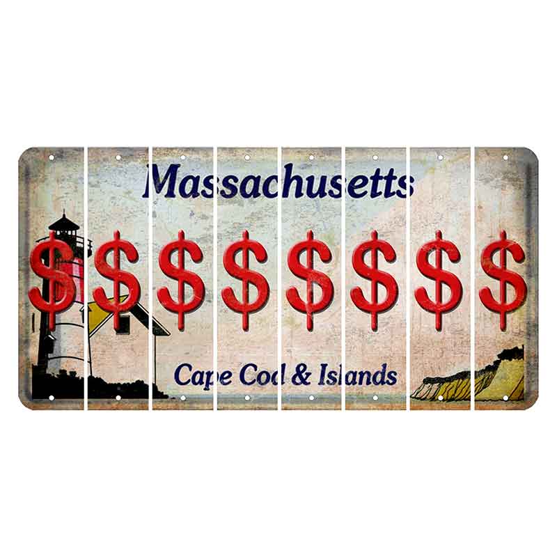 Massachusetts Cape Cod Cut License Plate Strips (Set of 8) Dollar Sign