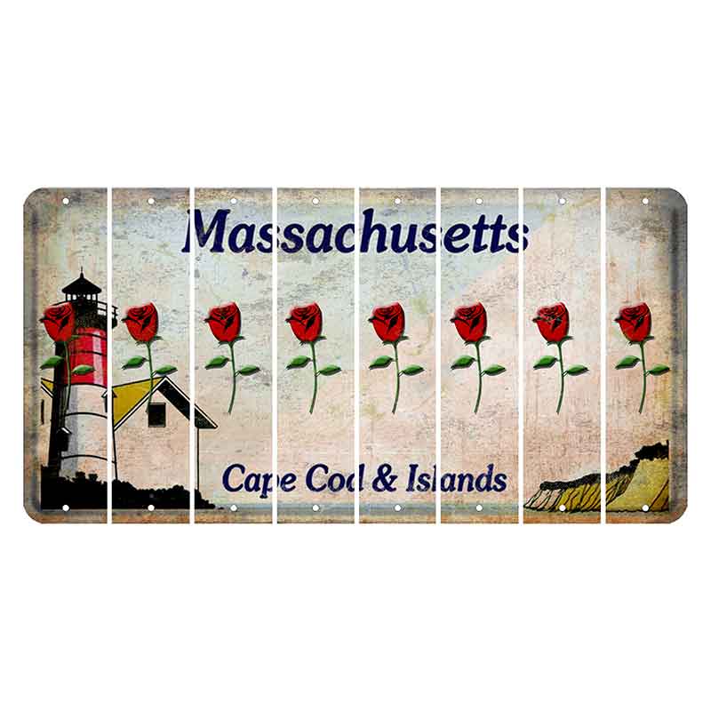 Massachusetts Cape Cod Cut License Plate Strips (Set of 8) Red Rose