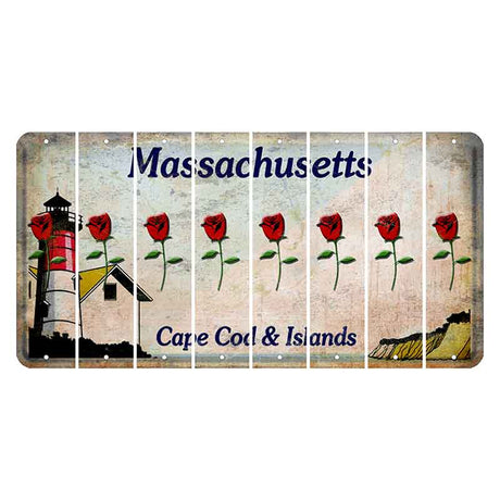 Massachusetts Cape Cod Cut License Plate Strips (Set of 8) Red Rose