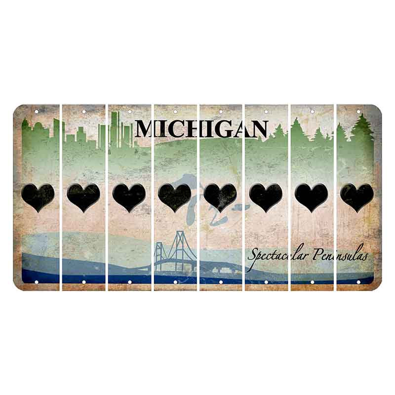 Michigan Spectacular Peninsulas Cut License Plate Strips (Set of 8) Heart