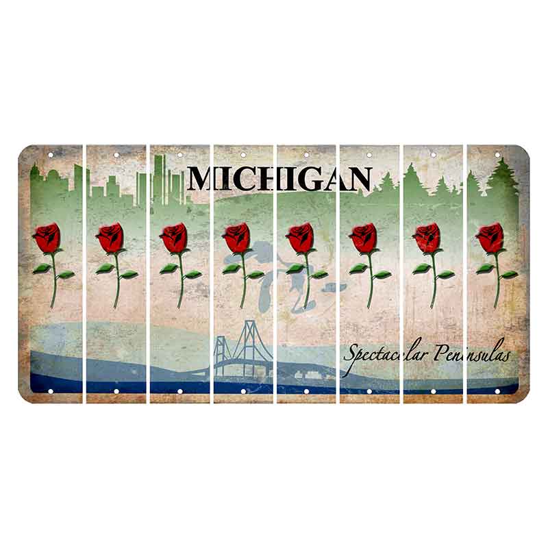 Michigan Spectacular Peninsulas Cut License Plate Strips (Set of 8) Red Rose