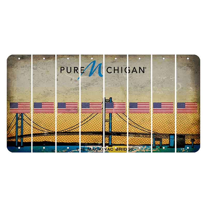 Michigan Mackinac Bridge Cut License Plate Strips (Set of 8) American Flag