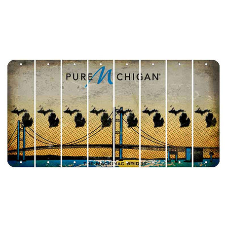 Michigan Mackinac Bridge Cut License Plate Strips (Set of 8) State Silhouette