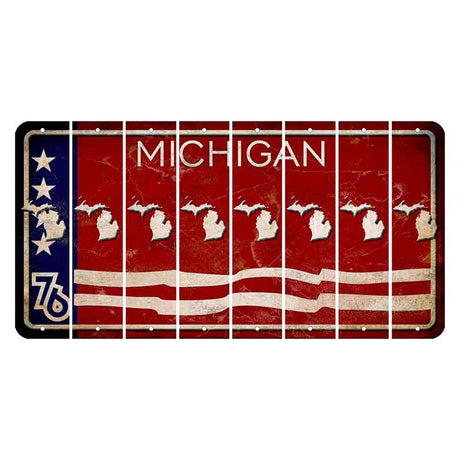 Michigan 1976 Bicentennial Cut License Plate Strips (Set of 8) State Silhouette