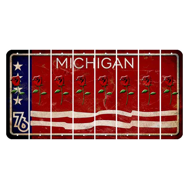 Michigan 1976 Bicentennial Cut License Plate Strips (Set of 8) Red Rose