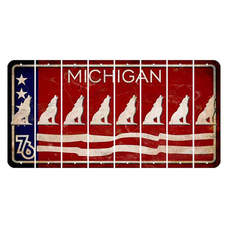 Michigan 1976 Bicentennial Cut License Plate Strips (Set of 8) Howling Wolf